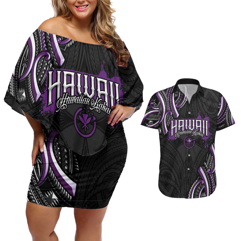 Traditional Art Hawaiian Kakau Tattoos Couples Matching Off Shoulder Short Dress and Hawaiian Shirt Purple Color - Polynesian Pride