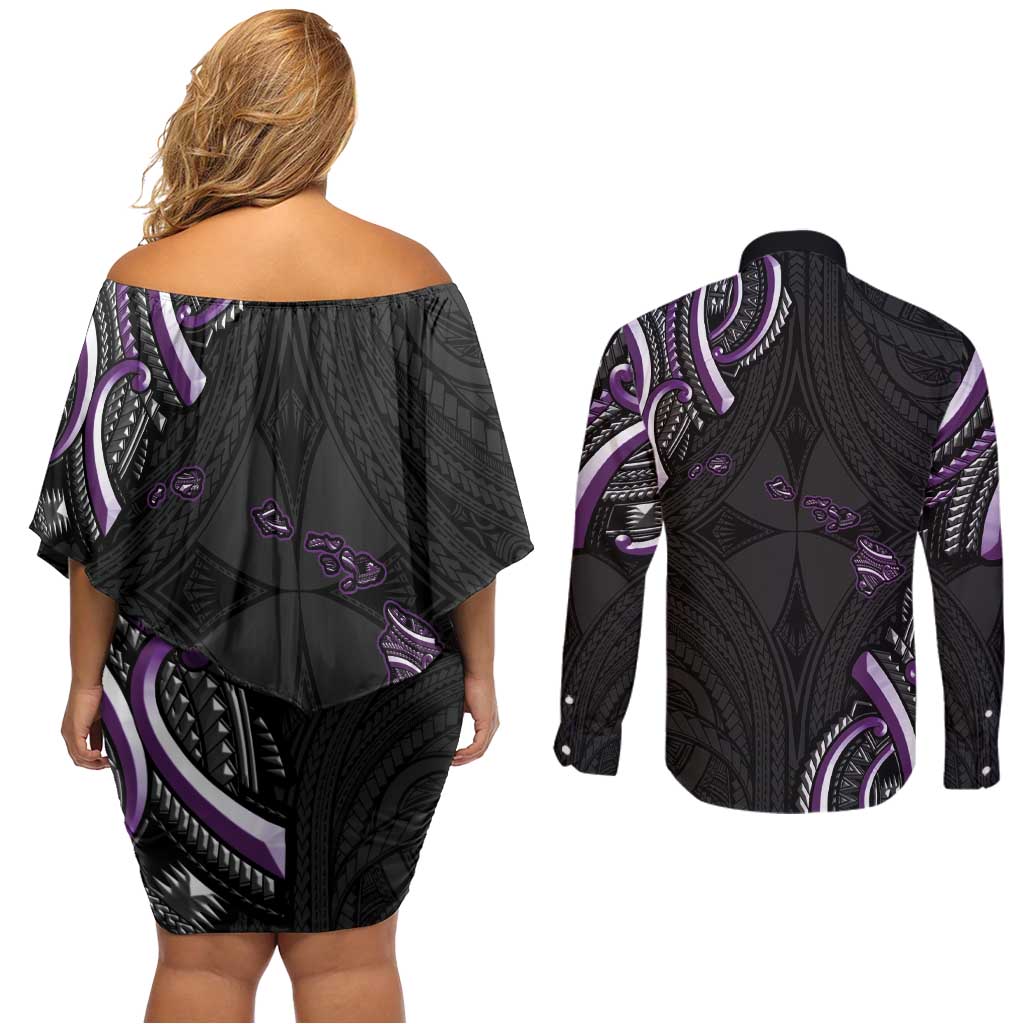 Traditional Art Hawaiian Kakau Tattoos Couples Matching Off Shoulder Short Dress and Long Sleeve Button Shirt Purple Color - Polynesian Pride