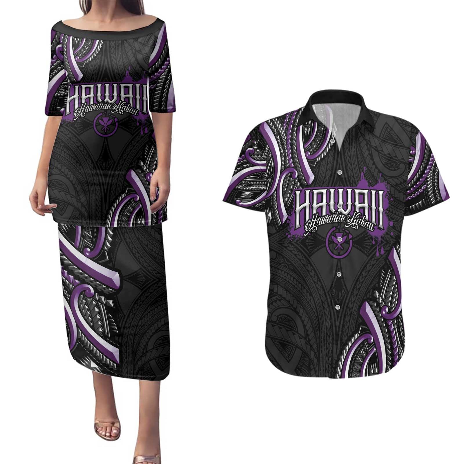 Traditional Art Hawaiian Kakau Tattoos Couples Matching Puletasi and Hawaiian Shirt Purple Color - Polynesian Pride