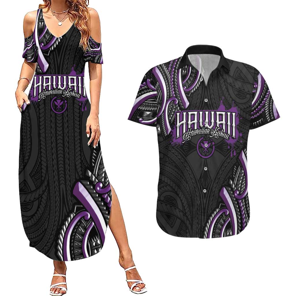 Traditional Art Hawaiian Kakau Tattoos Couples Matching Summer Maxi Dress and Hawaiian Shirt Purple Color - Polynesian Pride