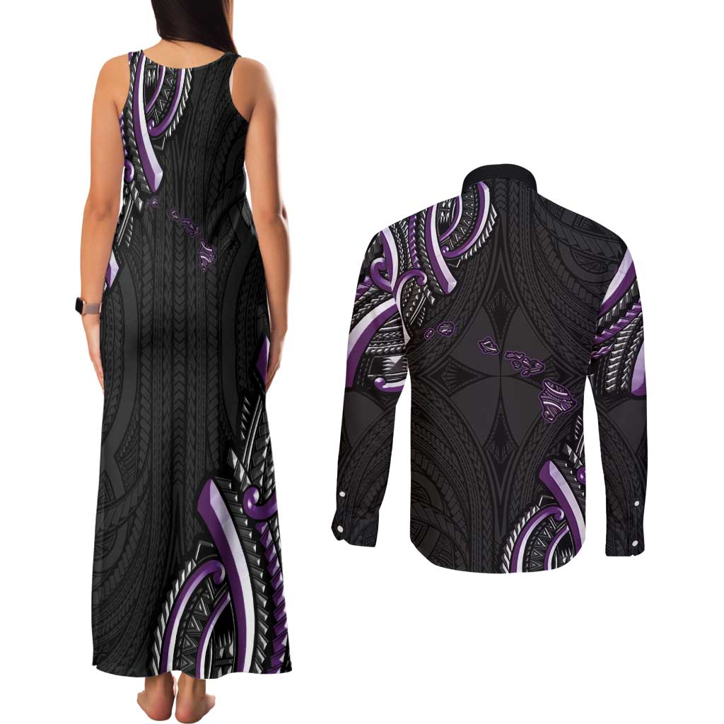 Traditional Art Hawaiian Kakau Tattoos Couples Matching Tank Maxi Dress and Long Sleeve Button Shirt Purple Color - Polynesian Pride