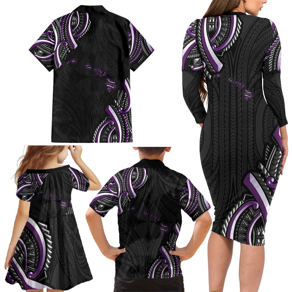Traditional Art Hawaiian Kakau Tattoos Family Matching Long Sleeve Bodycon Dress and Hawaiian Shirt Purple Color - Polynesian Pride