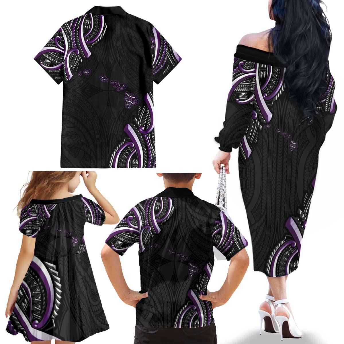 Traditional Art Hawaiian Kakau Tattoos Family Matching Off The Shoulder Long Sleeve Dress and Hawaiian Shirt Purple Color - Polynesian Pride