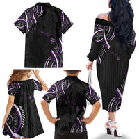 Traditional Art Hawaiian Kakau Tattoos Family Matching Off The Shoulder Long Sleeve Dress and Hawaiian Shirt Purple Color - Polynesian Pride