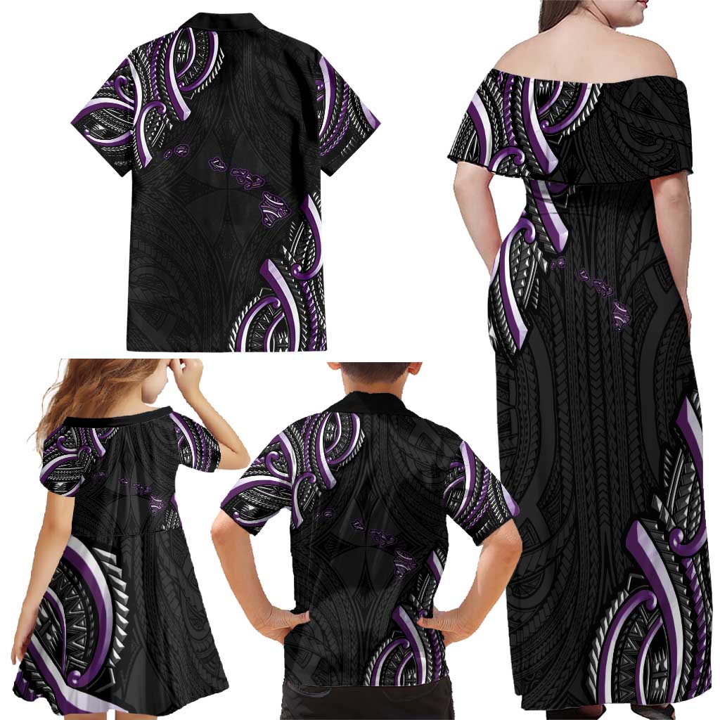 Traditional Art Hawaiian Kakau Tattoos Family Matching Off Shoulder Maxi Dress and Hawaiian Shirt Purple Color - Polynesian Pride