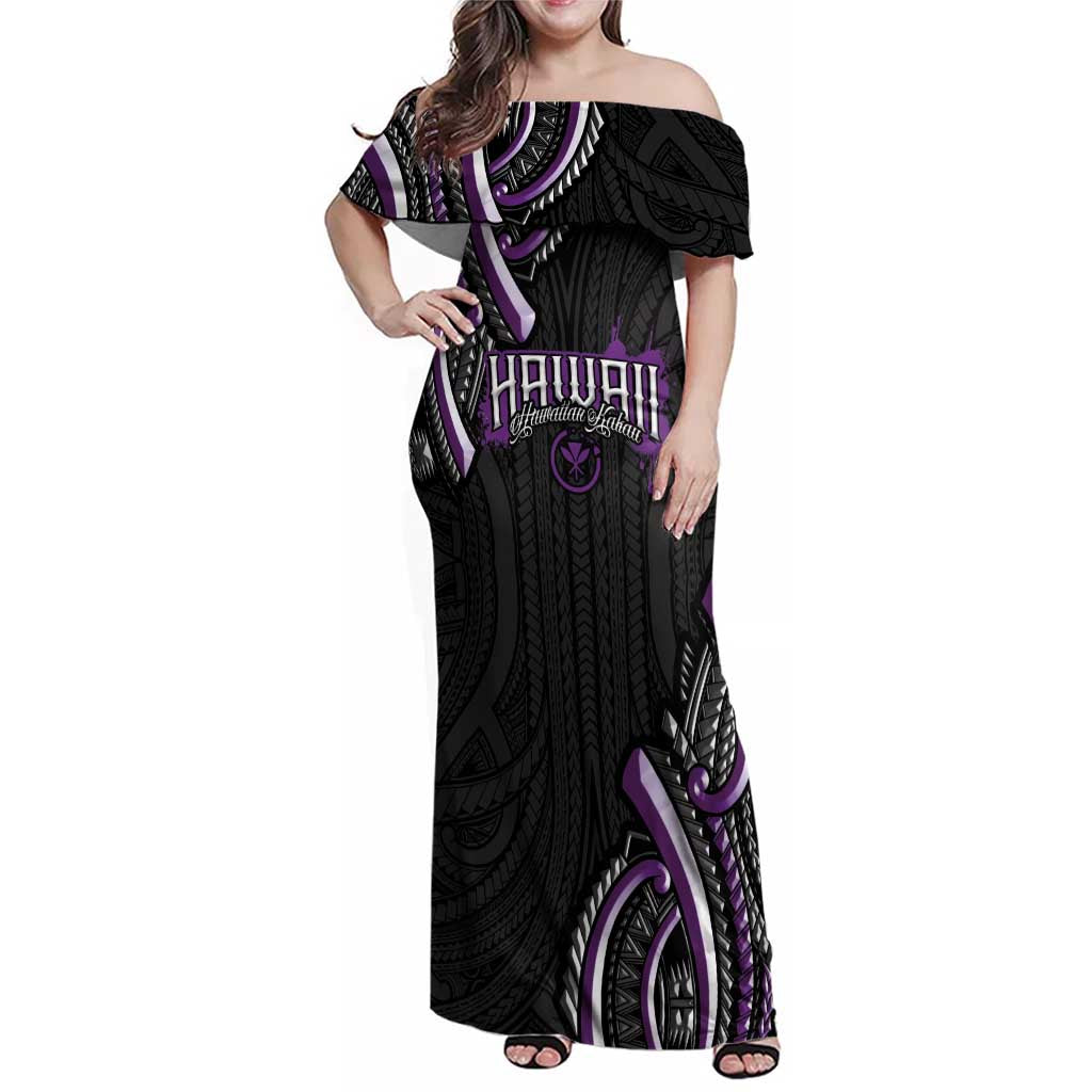 Traditional Art Hawaiian Kakau Tattoos Family Matching Off Shoulder Maxi Dress and Hawaiian Shirt Purple Color - Polynesian Pride