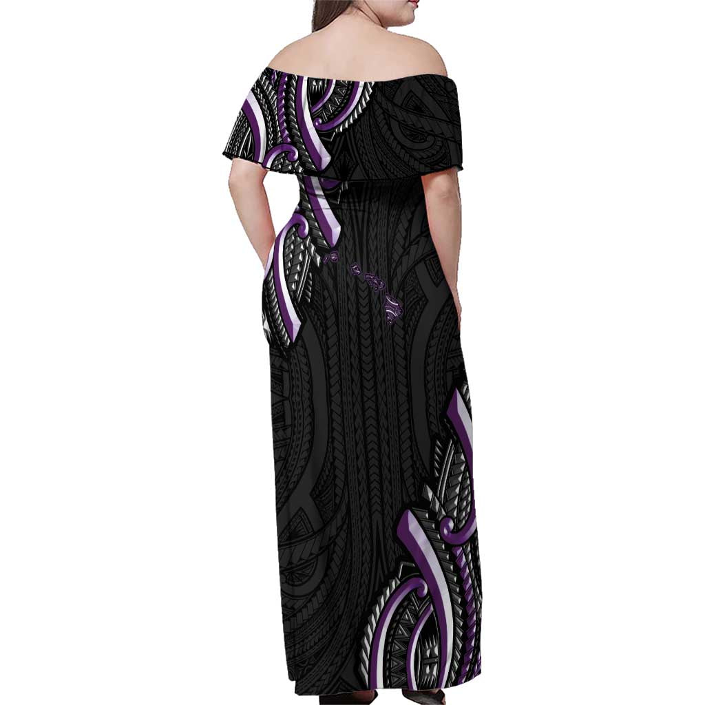 Traditional Art Hawaiian Kakau Tattoos Family Matching Off Shoulder Maxi Dress and Hawaiian Shirt Purple Color - Polynesian Pride