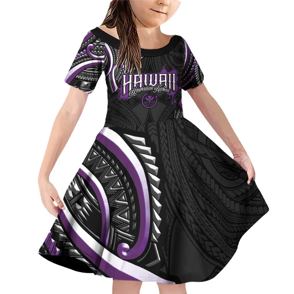Traditional Art Hawaiian Kakau Tattoos Family Matching Off Shoulder Short Dress and Hawaiian Shirt Purple Color - Polynesian Pride