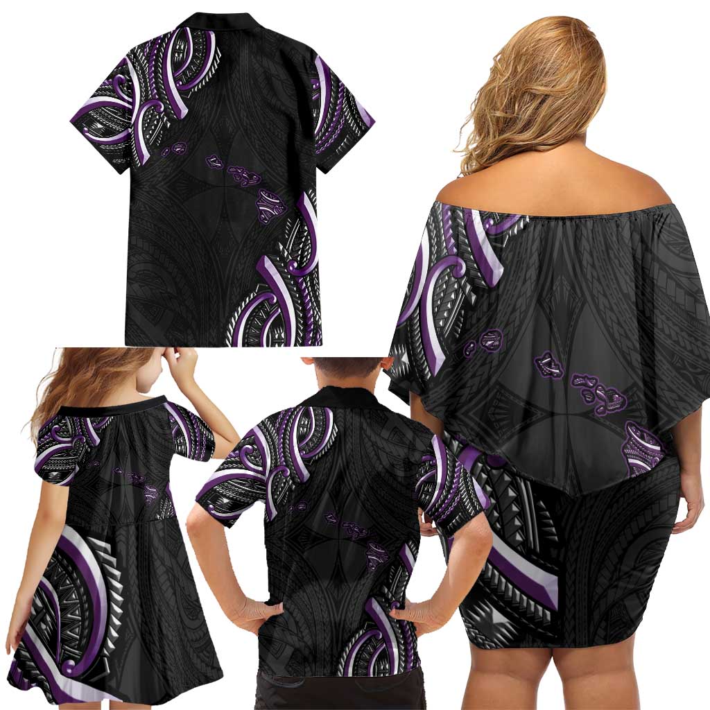 Traditional Art Hawaiian Kakau Tattoos Family Matching Off Shoulder Short Dress and Hawaiian Shirt Purple Color - Polynesian Pride