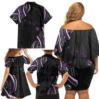 Traditional Art Hawaiian Kakau Tattoos Family Matching Off Shoulder Short Dress and Hawaiian Shirt Purple Color - Polynesian Pride