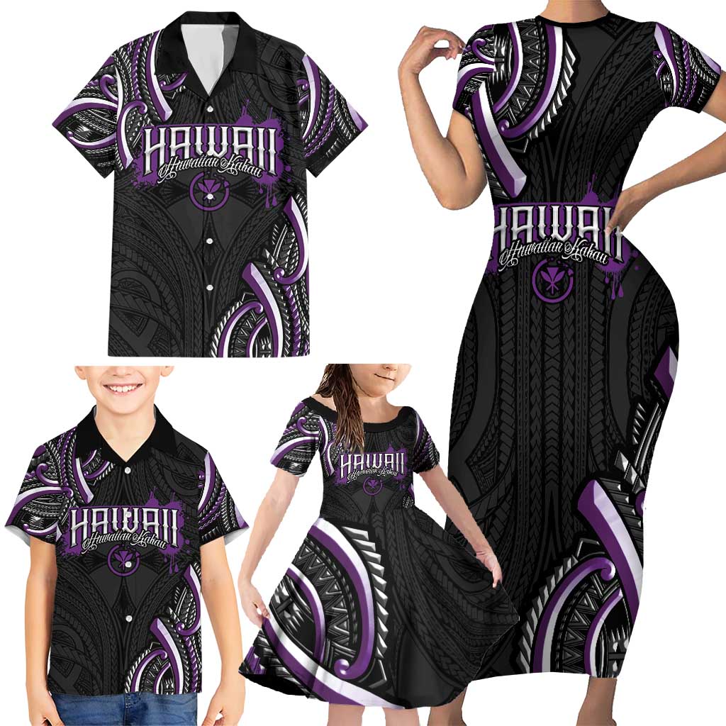 Traditional Art Hawaiian Kakau Tattoos Family Matching Short Sleeve Bodycon Dress and Hawaiian Shirt Purple Color - Polynesian Pride