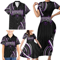 Traditional Art Hawaiian Kakau Tattoos Family Matching Short Sleeve Bodycon Dress and Hawaiian Shirt Purple Color - Polynesian Pride