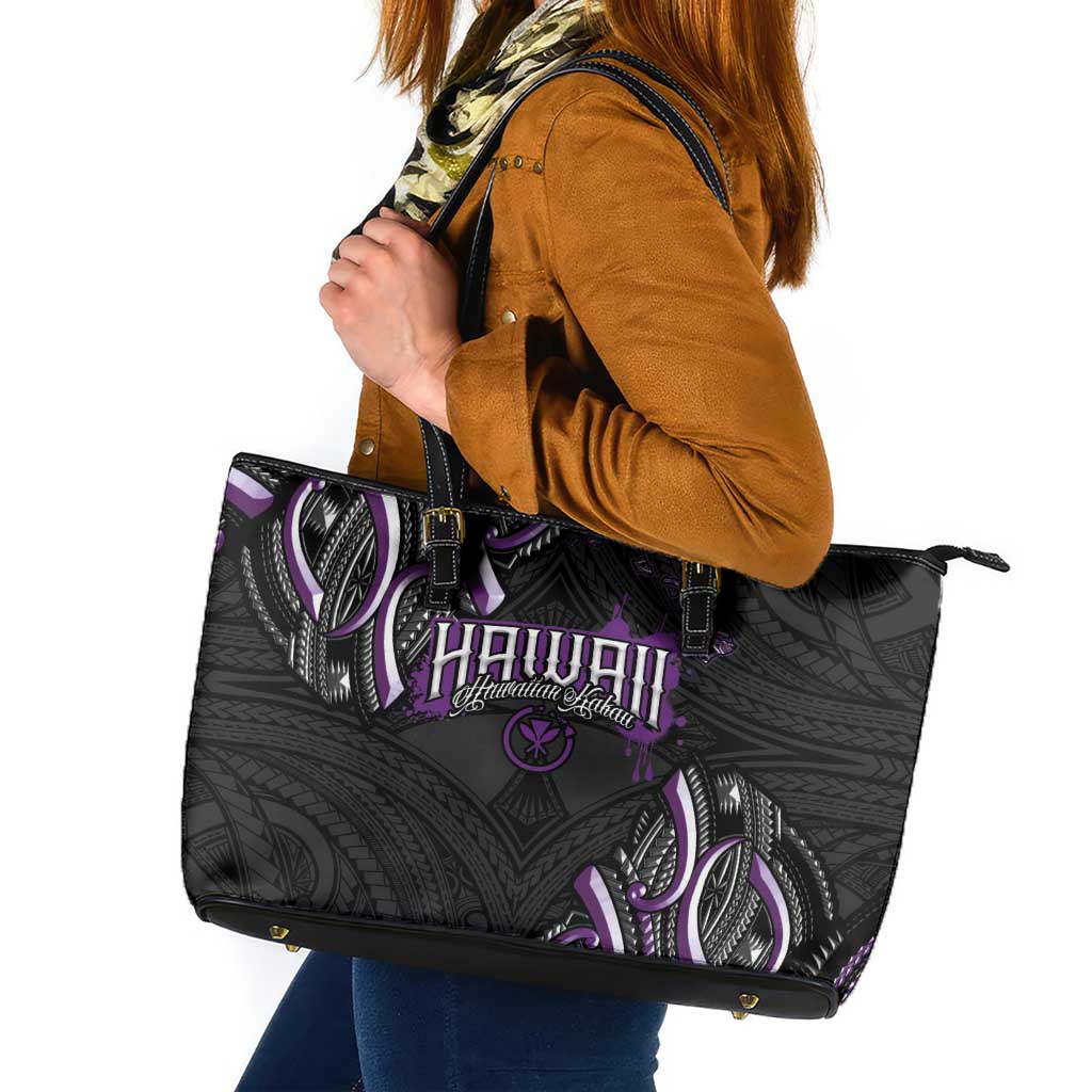 Traditional Art Hawaiian Kakau Tattoos Leather Tote Bag Purple Color - Polynesian Pride