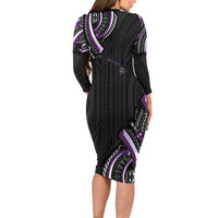 Traditional Art Hawaiian Kakau Tattoos Long Sleeve Bodycon Dress Purple Color - Polynesian Pride