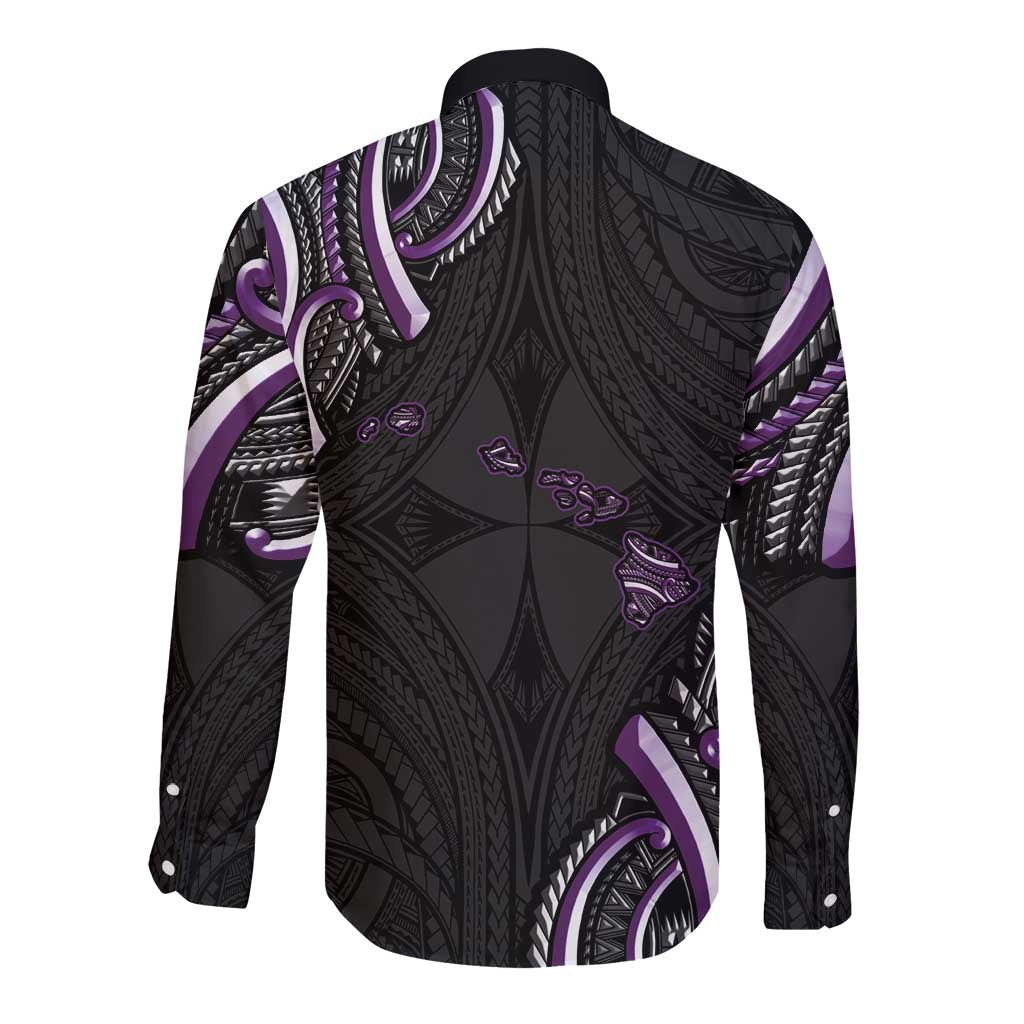 Traditional Art Hawaiian Kakau Tattoos Long Sleeve Button Shirt Purple Color - Polynesian Pride