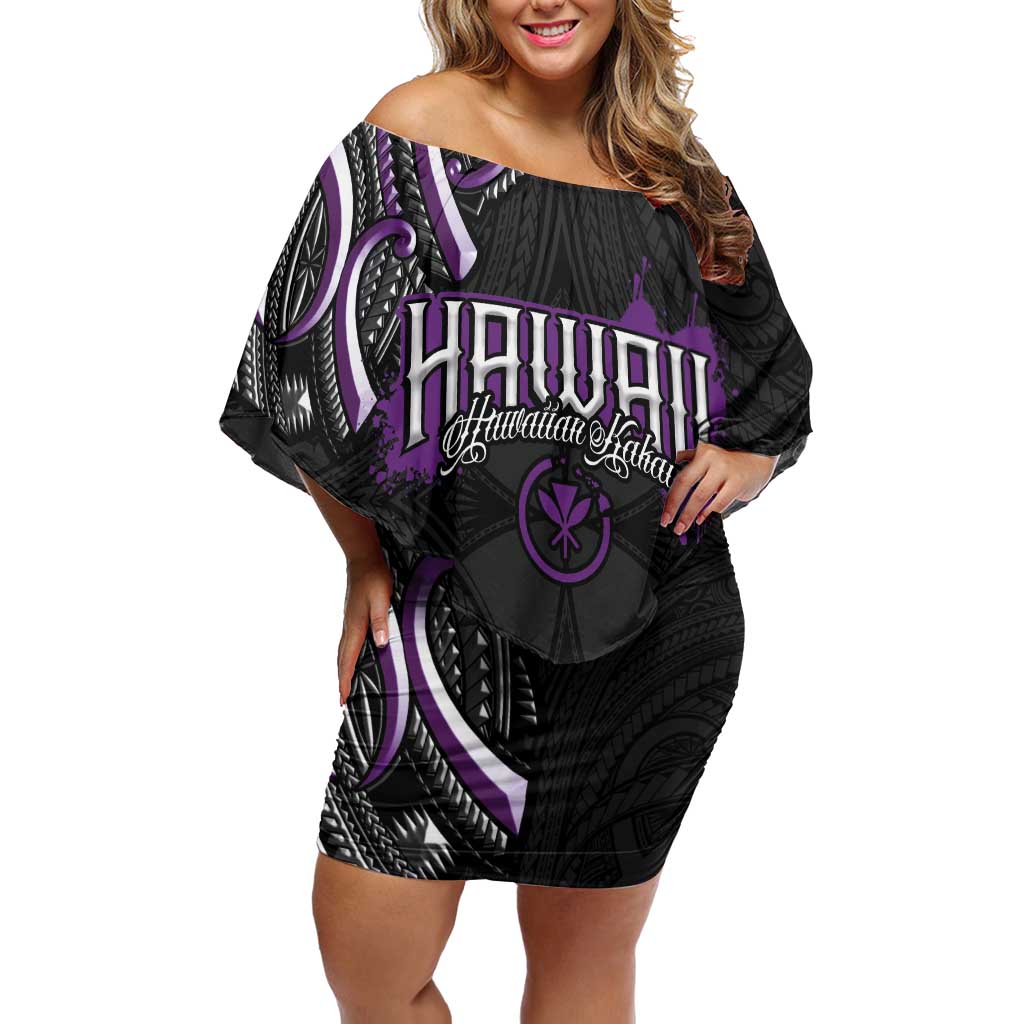 Traditional Art Hawaiian Kakau Tattoos Off Shoulder Short Dress Purple Color - Polynesian Pride