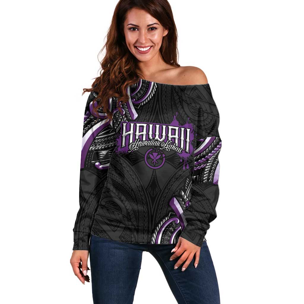Traditional Art Hawaiian Kakau Tattoos Off Shoulder Sweater Purple Color - Polynesian Pride