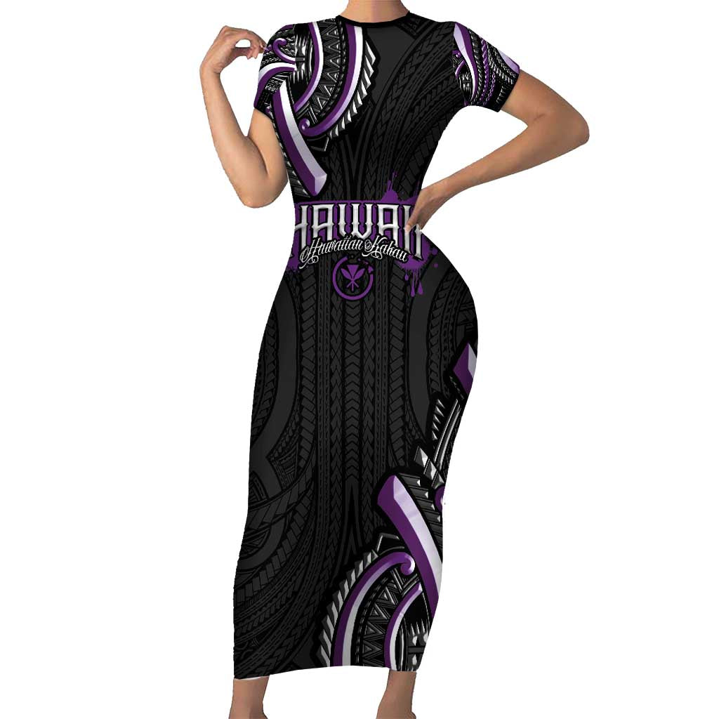 Traditional Art Hawaiian Kakau Tattoos Short Sleeve Bodycon Dress Purple Color - Polynesian Pride