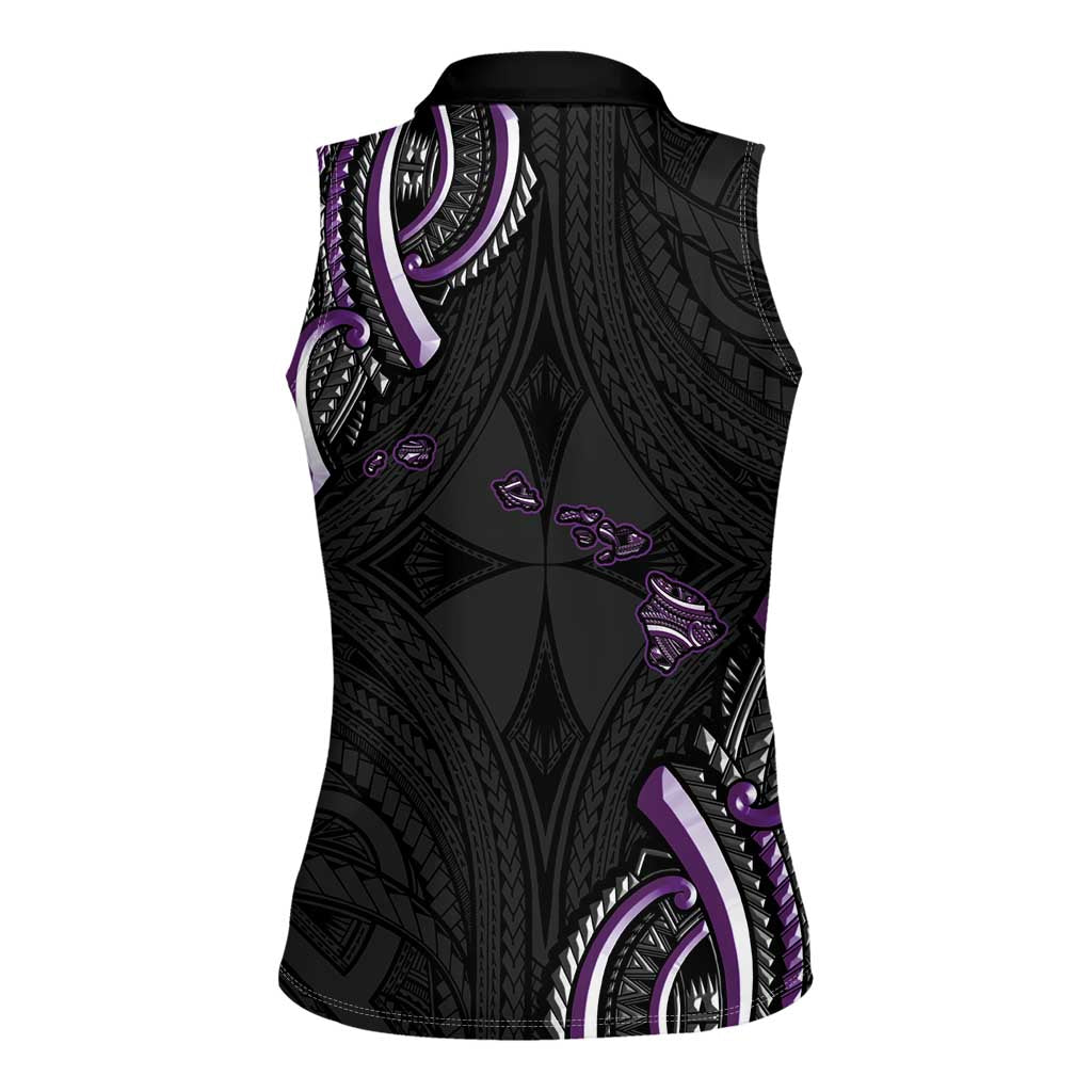 Traditional Art Hawaiian Kakau Tattoos Women Sleeveless Polo Shirt Purple Color - Polynesian Pride