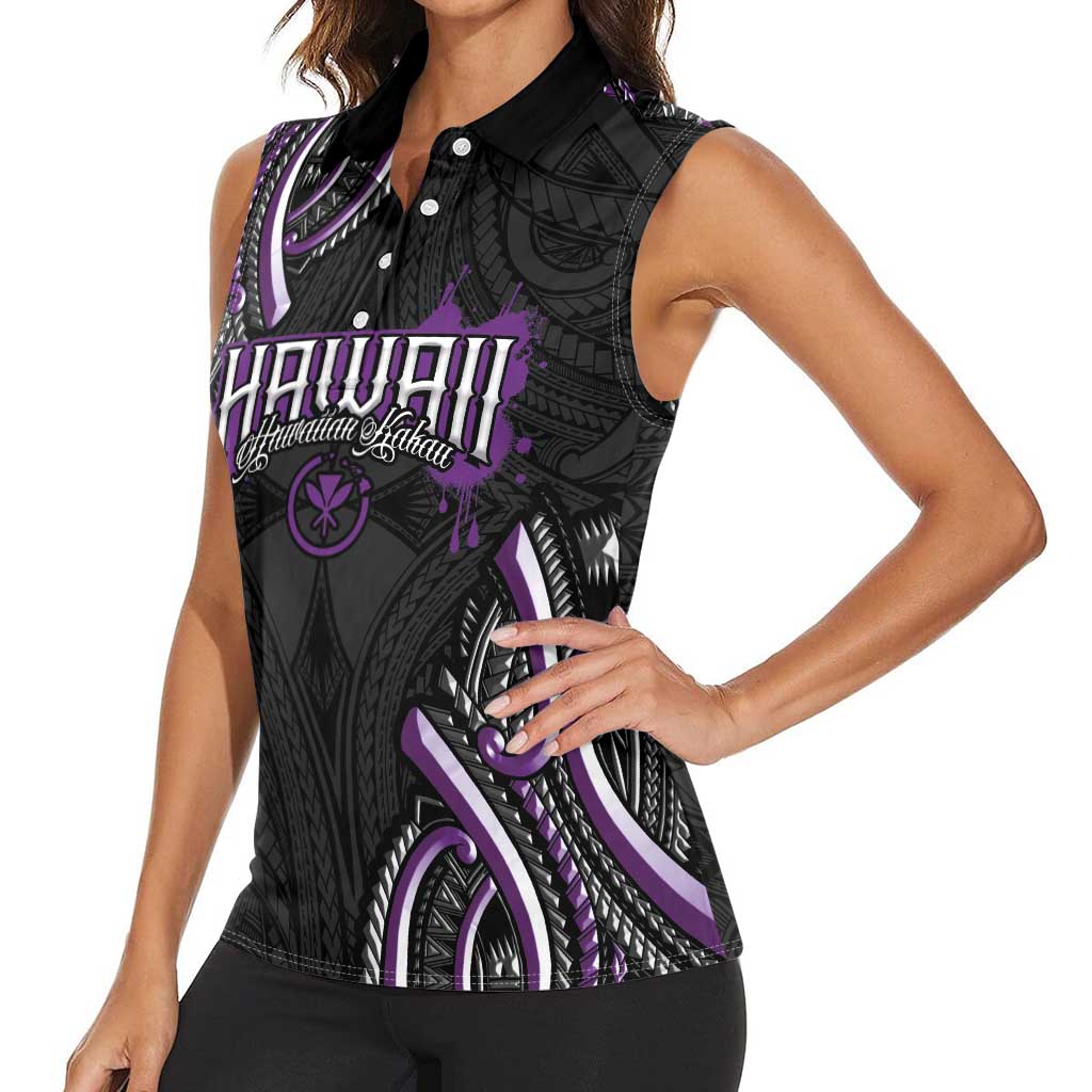Traditional Art Hawaiian Kakau Tattoos Women Sleeveless Polo Shirt Purple Color - Polynesian Pride