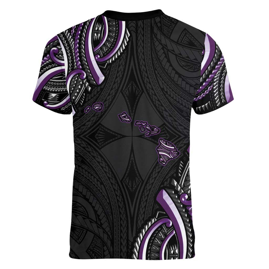 Traditional Art Hawaiian Kakau Tattoos Women V-Neck T-Shirt Purple Color - Polynesian Pride