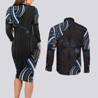 Traditional Art Hawaiian Kakau Tattoos Couples Matching Long Sleeve Bodycon Dress and Long Sleeve Button Shirt Blue Color - Polynesian Pride