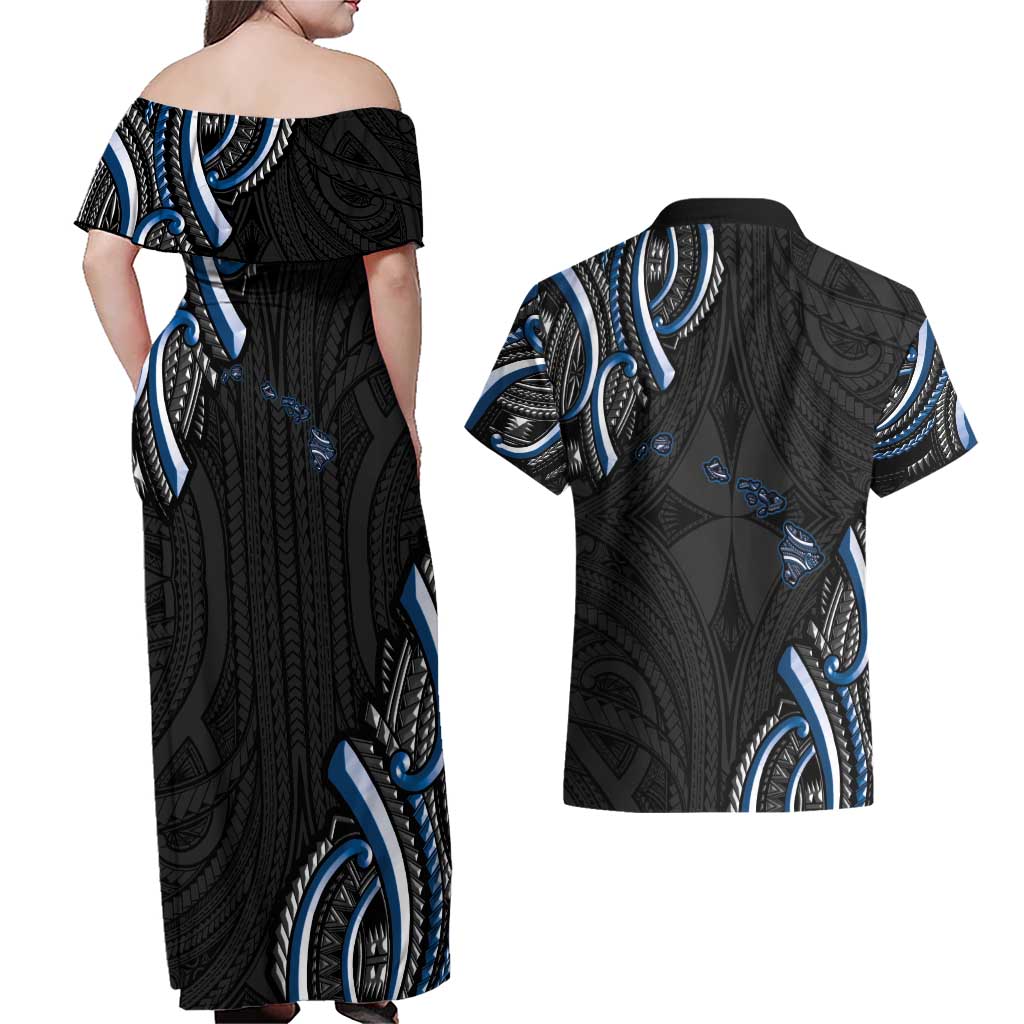Traditional Art Hawaiian Kakau Tattoos Couples Matching Off Shoulder Maxi Dress and Hawaiian Shirt Blue Color - Polynesian Pride