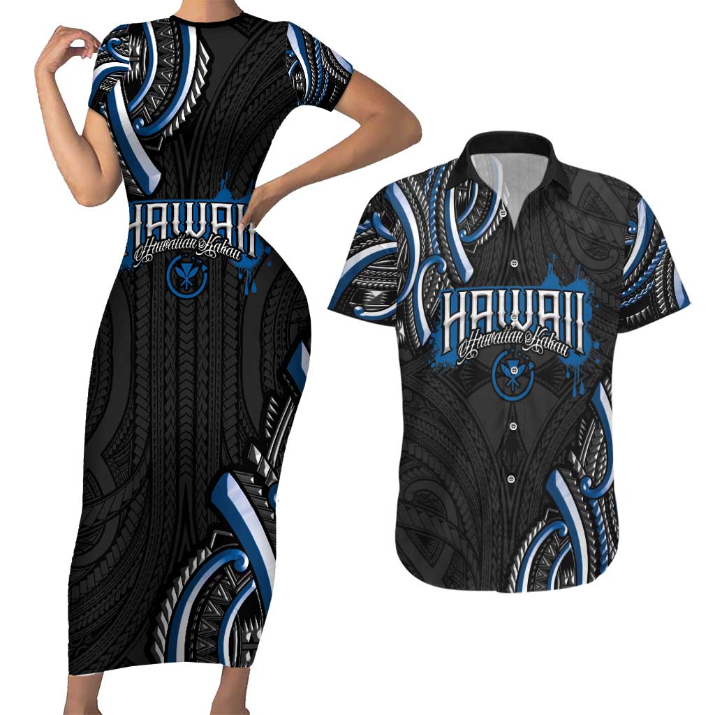 Traditional Art Hawaiian Kakau Tattoos Couples Matching Short Sleeve Bodycon Dress and Hawaiian Shirt Blue Color - Polynesian Pride