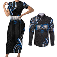 Traditional Art Hawaiian Kakau Tattoos Couples Matching Short Sleeve Bodycon Dress and Long Sleeve Button Shirt Blue Color - Polynesian Pride