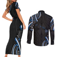 Traditional Art Hawaiian Kakau Tattoos Couples Matching Short Sleeve Bodycon Dress and Long Sleeve Button Shirt Blue Color - Polynesian Pride
