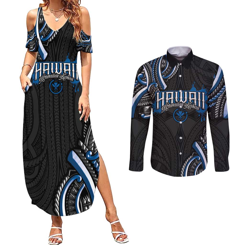 Traditional Art Hawaiian Kakau Tattoos Couples Matching Summer Maxi Dress and Long Sleeve Button Shirt Blue Color - Polynesian Pride