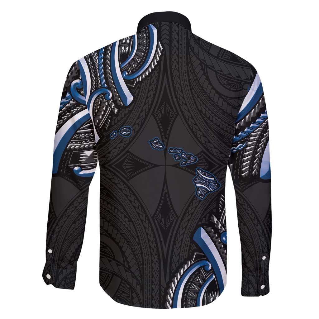 Traditional Art Hawaiian Kakau Tattoos Family Matching Long Sleeve Bodycon Dress and Hawaiian Shirt Blue Color - Polynesian Pride