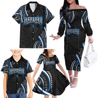 Traditional Art Hawaiian Kakau Tattoos Family Matching Off The Shoulder Long Sleeve Dress and Hawaiian Shirt Blue Color - Polynesian Pride
