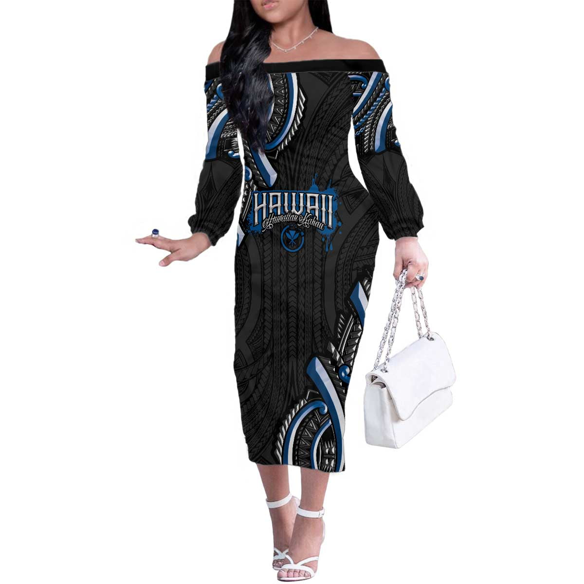 Traditional Art Hawaiian Kakau Tattoos Family Matching Off The Shoulder Long Sleeve Dress and Hawaiian Shirt Blue Color - Polynesian Pride