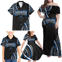 Traditional Art Hawaiian Kakau Tattoos Family Matching Off Shoulder Maxi Dress and Hawaiian Shirt Blue Color - Polynesian Pride