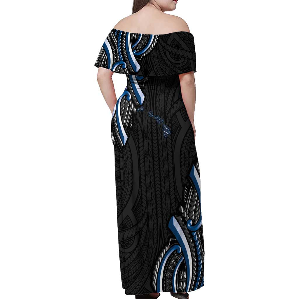 Traditional Art Hawaiian Kakau Tattoos Family Matching Off Shoulder Maxi Dress and Hawaiian Shirt Blue Color - Polynesian Pride