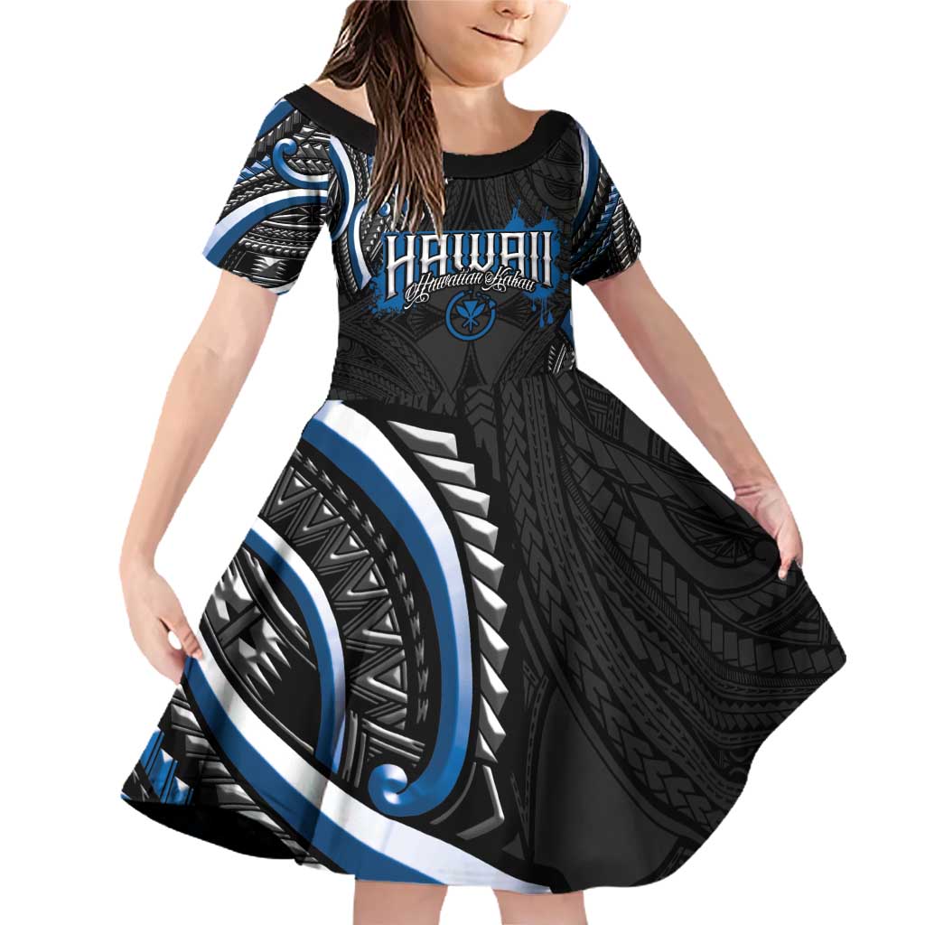 Traditional Art Hawaiian Kakau Tattoos Family Matching Off Shoulder Short Dress and Hawaiian Shirt Blue Color - Polynesian Pride