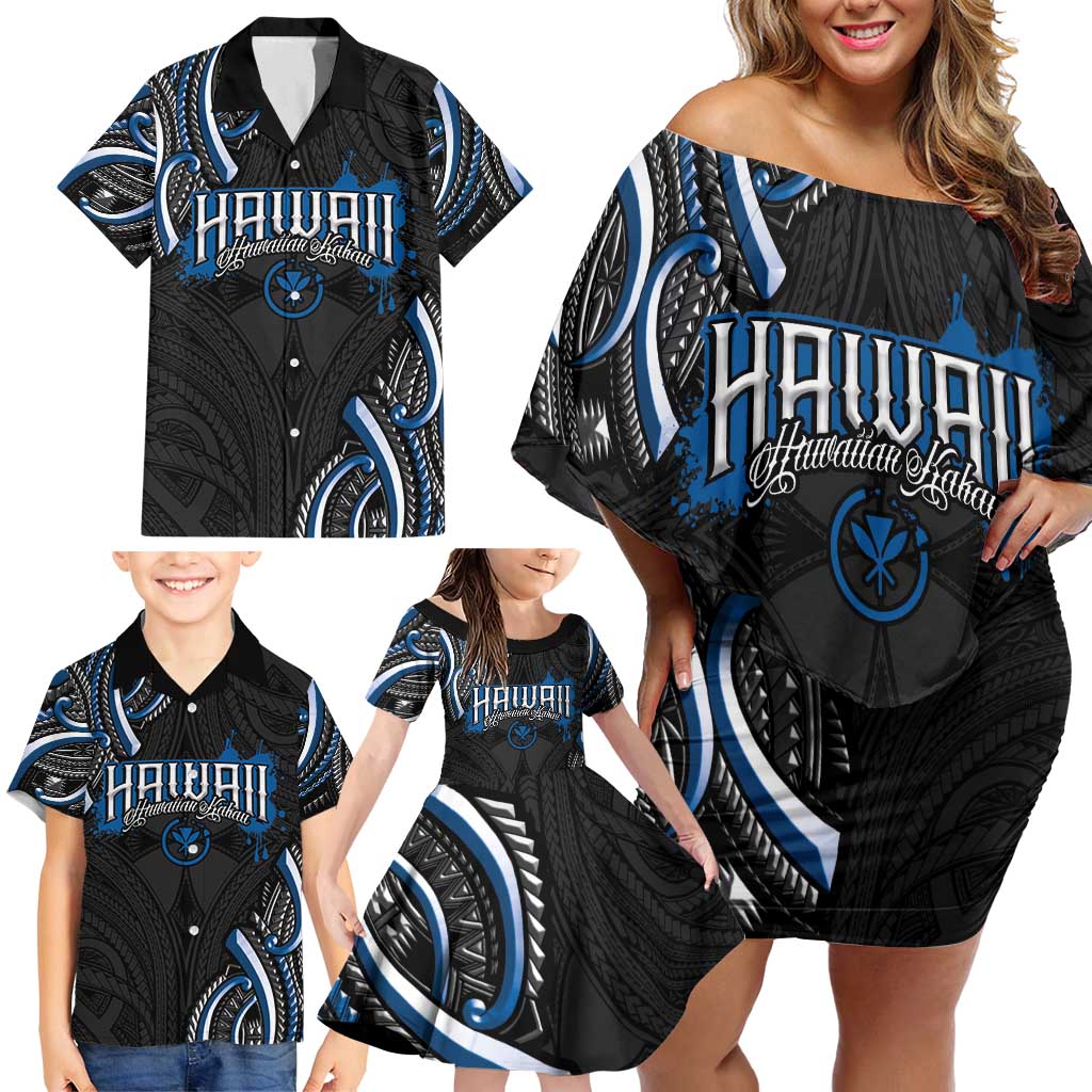 Traditional Art Hawaiian Kakau Tattoos Family Matching Off Shoulder Short Dress and Hawaiian Shirt Blue Color - Polynesian Pride