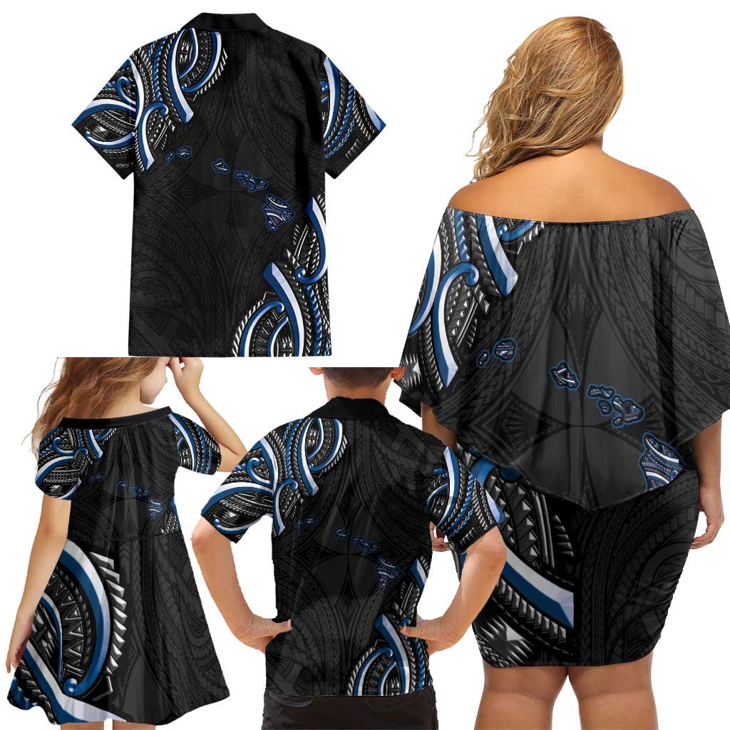Traditional Art Hawaiian Kakau Tattoos Family Matching Off Shoulder Short Dress and Hawaiian Shirt Blue Color - Polynesian Pride