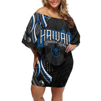 Traditional Art Hawaiian Kakau Tattoos Family Matching Off Shoulder Short Dress and Hawaiian Shirt Blue Color - Polynesian Pride