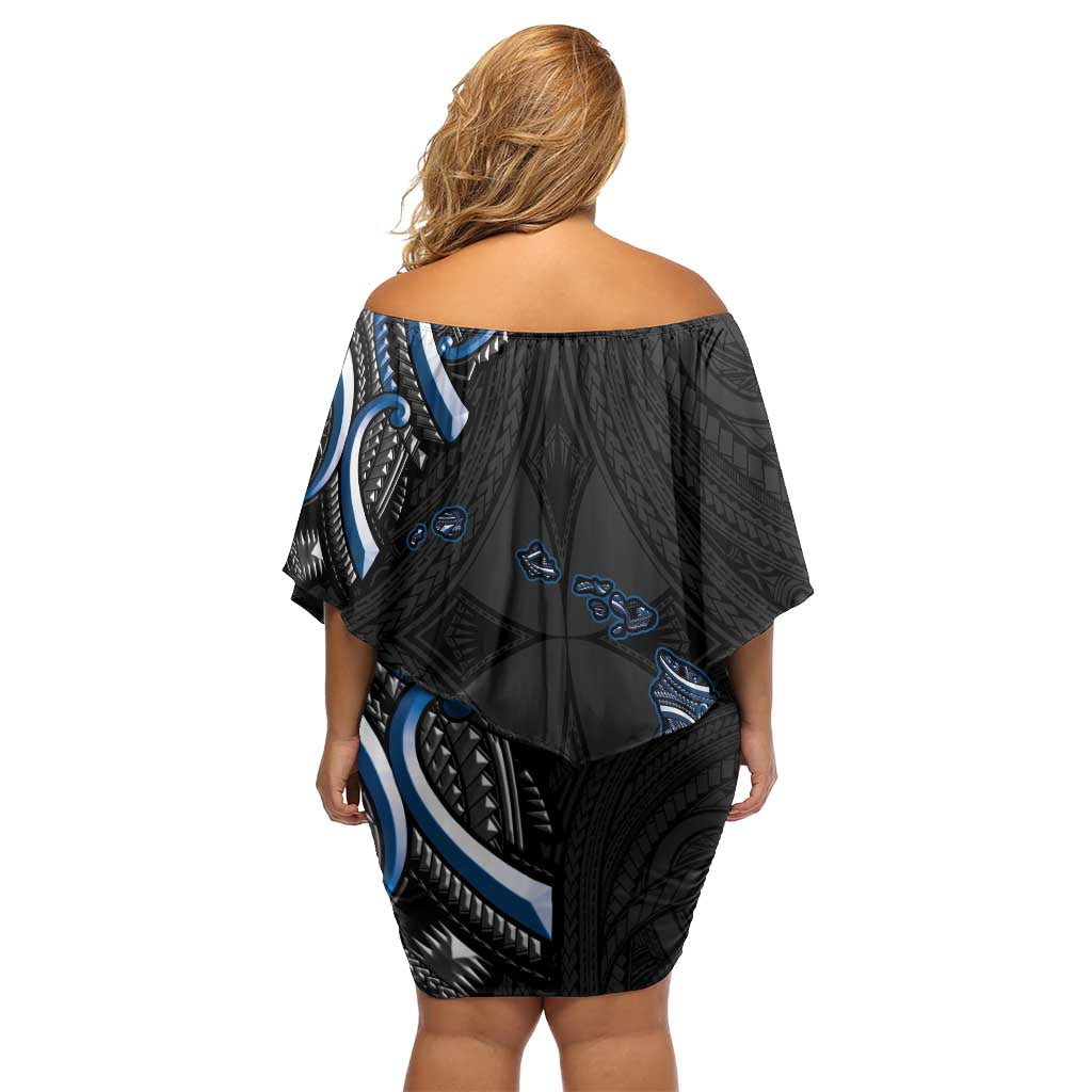 Traditional Art Hawaiian Kakau Tattoos Family Matching Off Shoulder Short Dress and Hawaiian Shirt Blue Color - Polynesian Pride