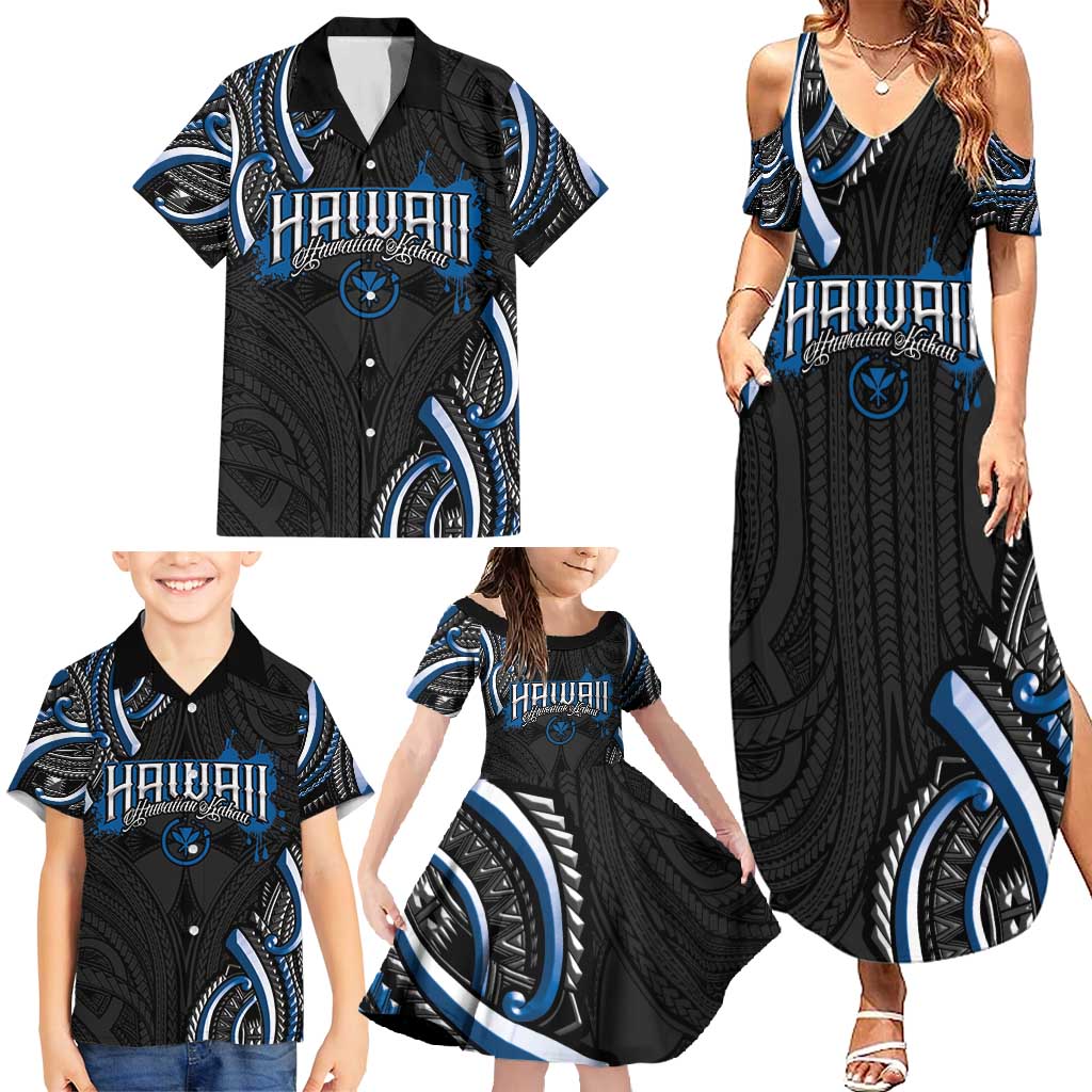 Traditional Art Hawaiian Kakau Tattoos Family Matching Summer Maxi Dress and Hawaiian Shirt Blue Color - Polynesian Pride