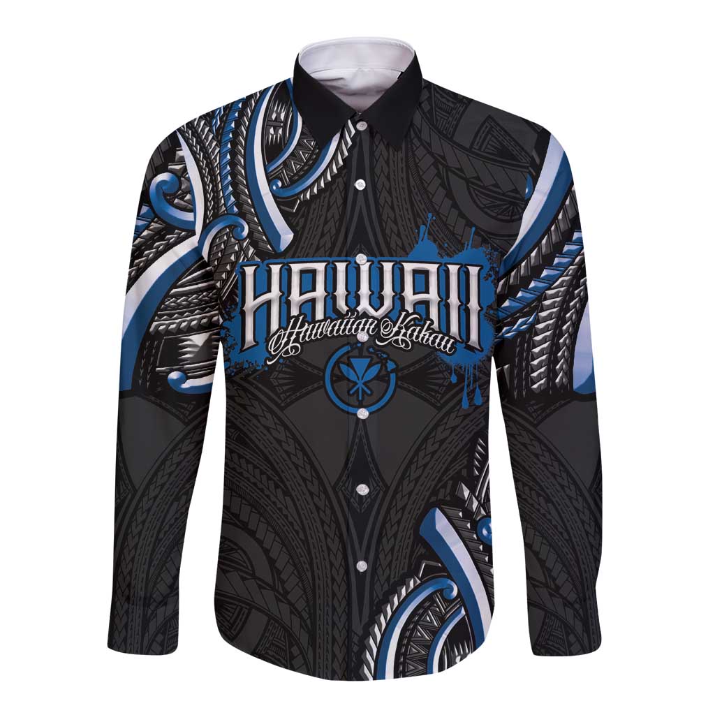 Traditional Art Hawaiian Kakau Tattoos Long Sleeve Button Shirt Blue Color - Polynesian Pride