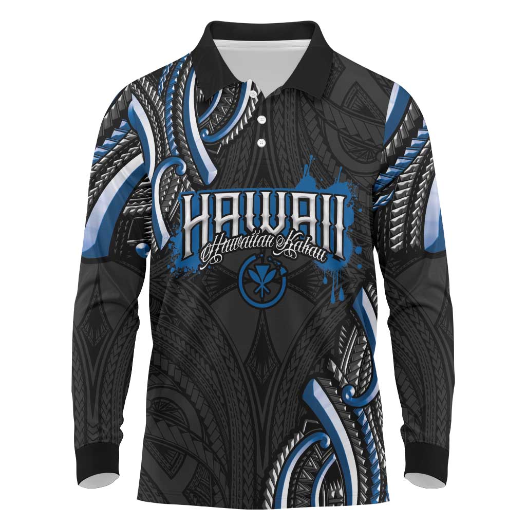 Traditional Art Hawaiian Kakau Tattoos Long Sleeve Polo Shirt Blue Color - Polynesian Pride