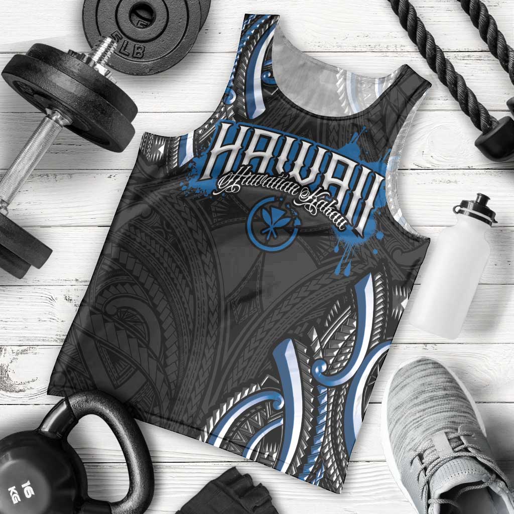 Traditional Art Hawaiian Kakau Tattoos Men Tank Top Blue Color - Polynesian Pride