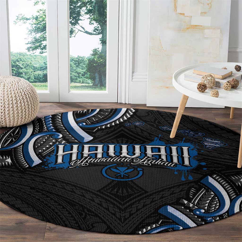 Traditional Art Hawaiian Kakau Tattoos Round Carpet Blue Color - Polynesian Pride