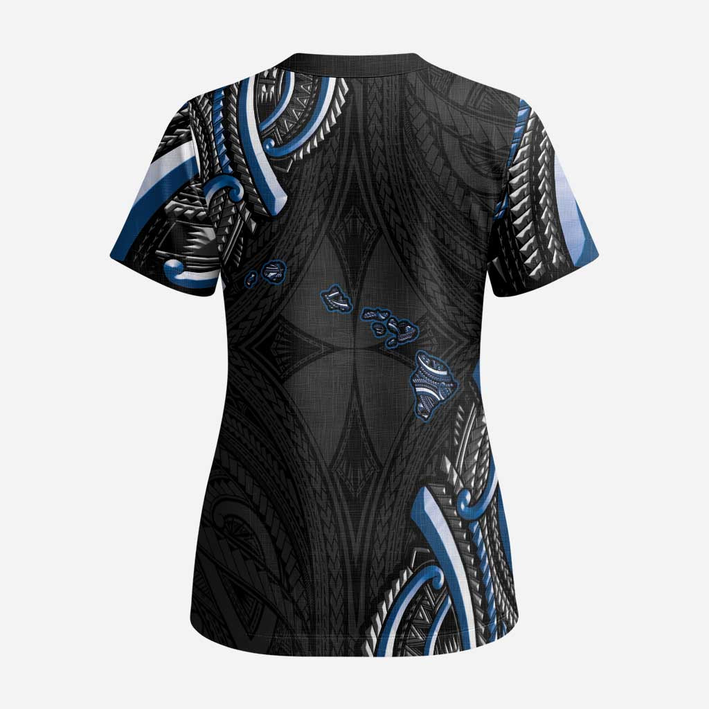 Traditional Art Hawaiian Kakau Tattoos Scrub Top Blue Color - Polynesian Pride