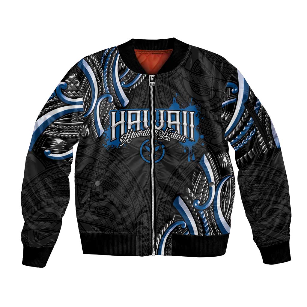 Traditional Art Hawaiian Kakau Tattoos Sleeve Zip Bomber Jacket Blue Color - Polynesian Pride