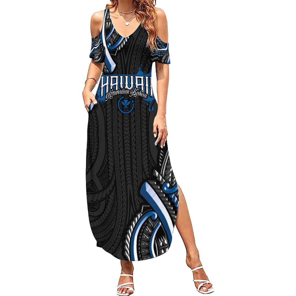 Traditional Art Hawaiian Kakau Tattoos Summer Maxi Dress Blue Color - Polynesian Pride