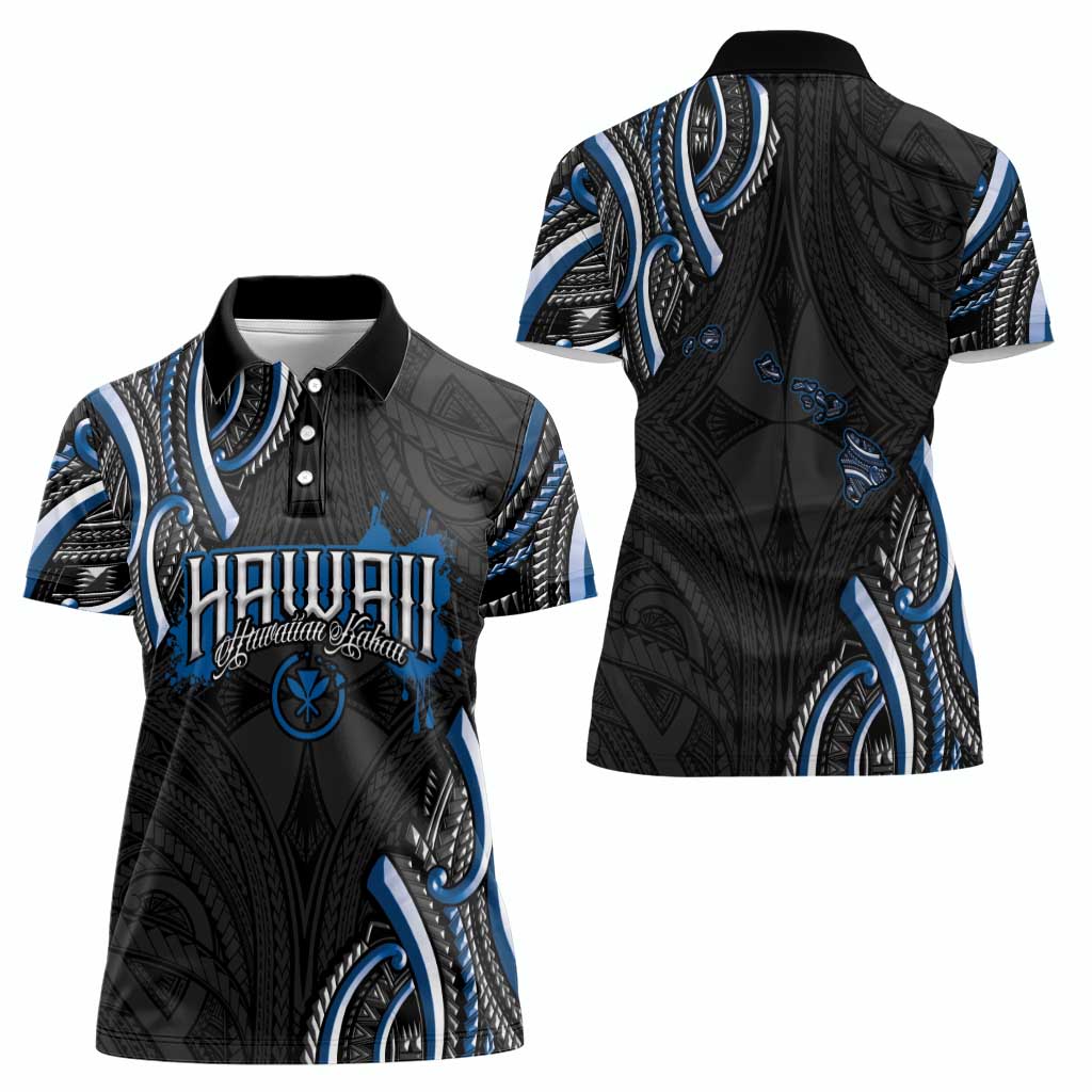 Traditional Art Hawaiian Kakau Tattoos Women Polo Shirt Blue Color - Polynesian Pride